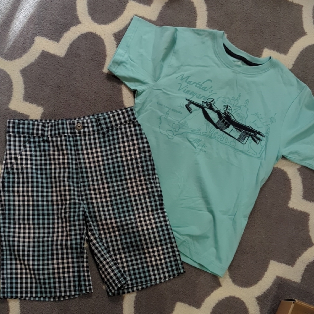 Gymboree Aqua Tee and Navy Checkered Shorts Set